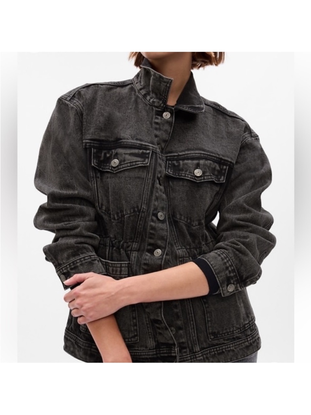 GAP Washed Black Denim Cinched Waist Utility Jacket